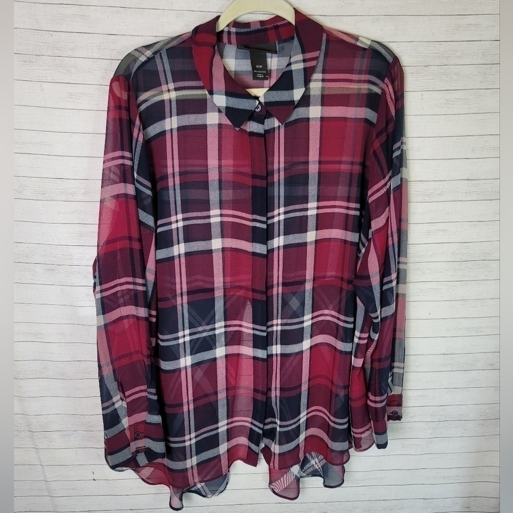 LANE BRYANT MAROON PLAID SHEER BUTTON DOWN, SZ 22/24